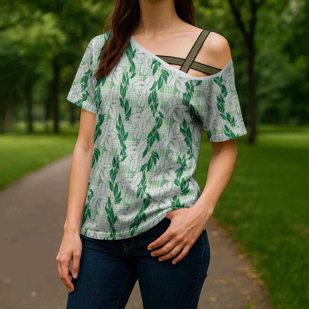 Hawaii Ti Leaf Maile Tuberose Lei Cross Shoulder Shirt With Hanalei Leaf Green LT05 - Polynesian Pride