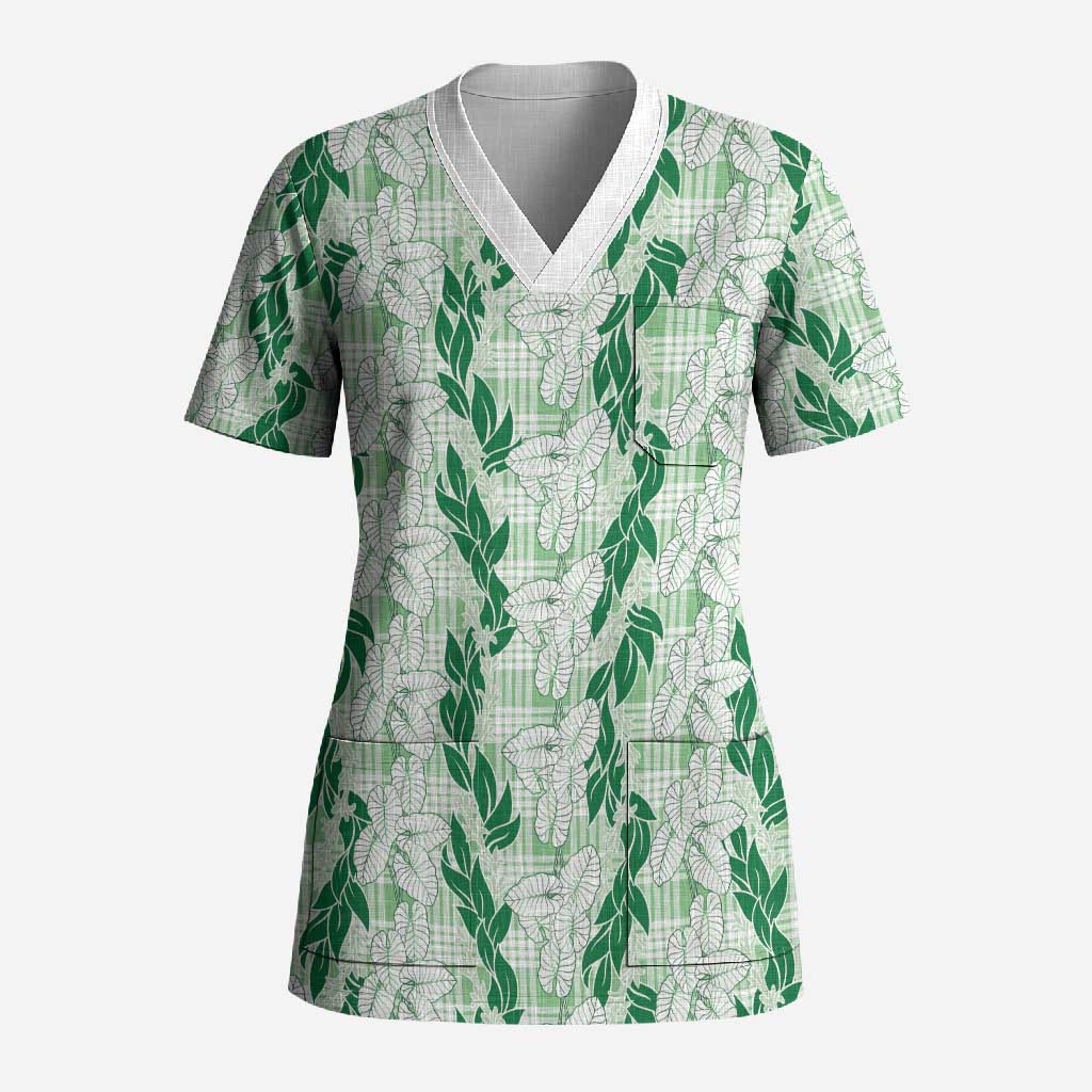 Hawaii Ti Leaf Maile Tuberose Lei Scrub Top With Hanalei Leaf Green LT05 Adult Green - Polynesian Pride