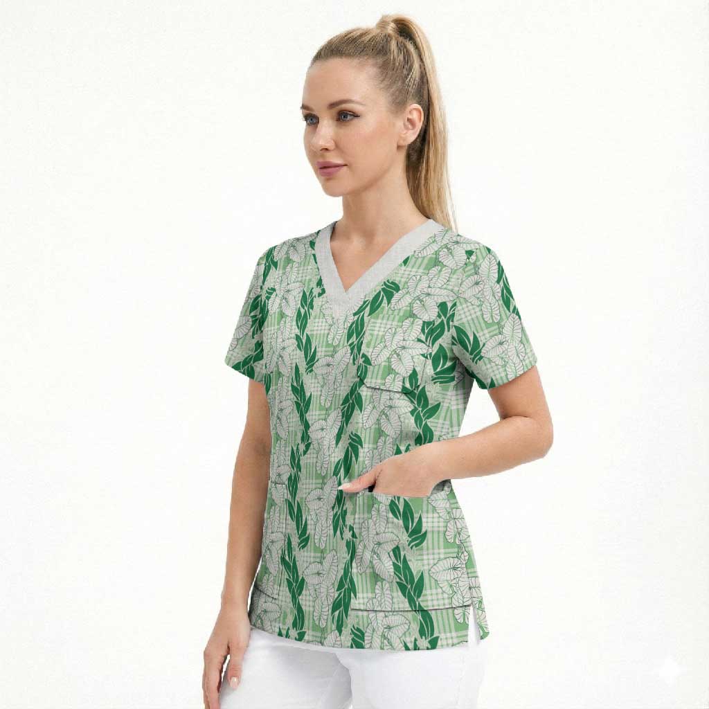 Hawaii Ti Leaf Maile Tuberose Lei Scrub Top With Hanalei Leaf Green LT05 - Polynesian Pride