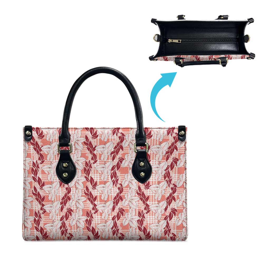 Hawaii Ti Leaf Maile Tuberose Lei Leather Bag With Hanalei Leaf Red LT05 - Polynesian Pride