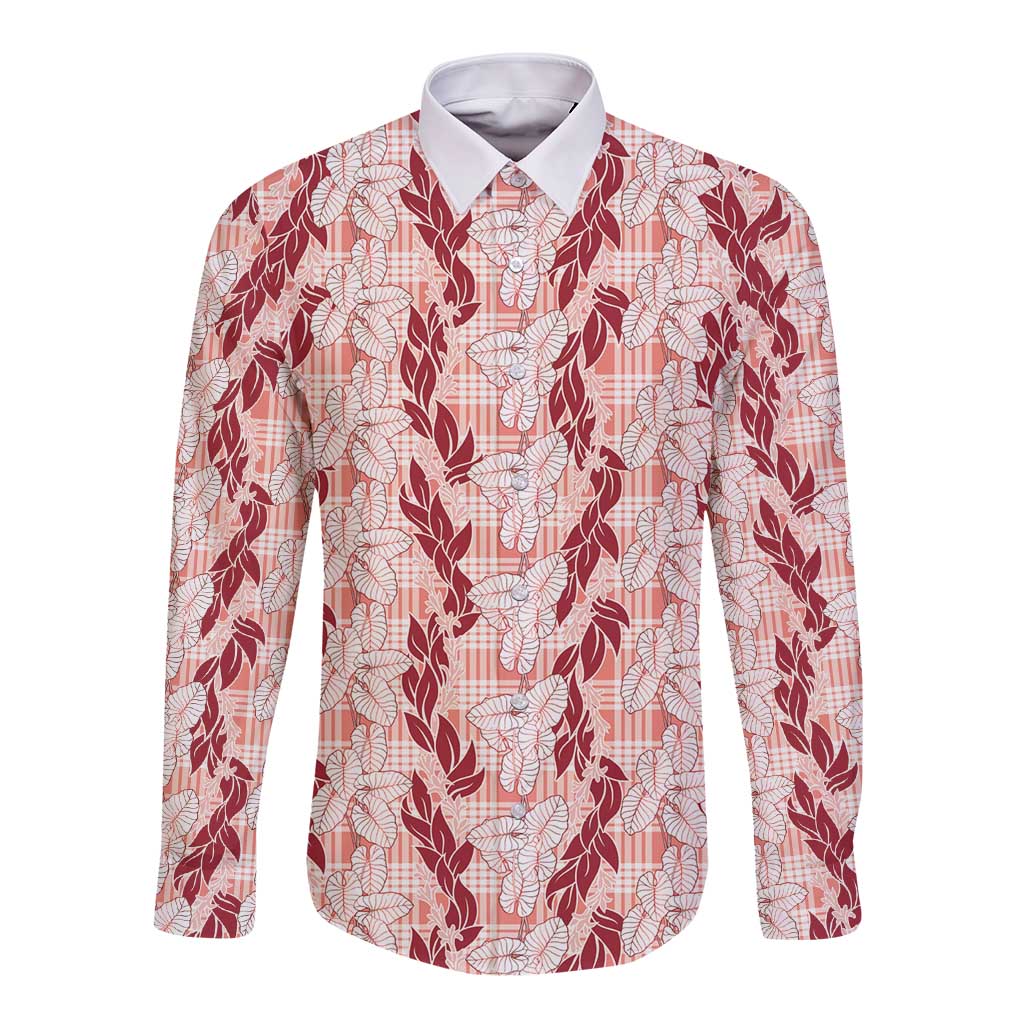 Hawaii Ti Leaf Maile Tuberose Lei Long Sleeve Button Shirt With Hanalei Leaf Red LT05 Unisex Red - Polynesian Pride