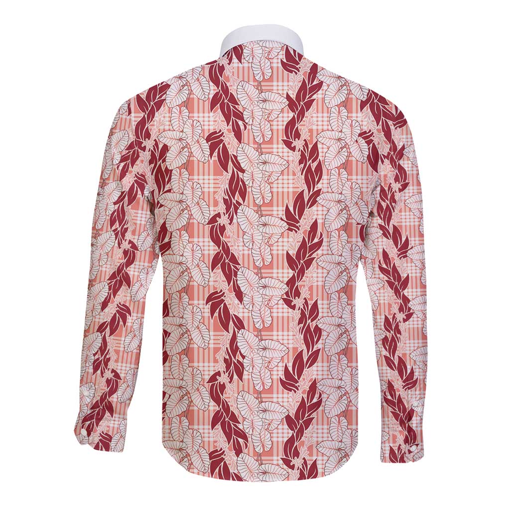 Hawaii Ti Leaf Maile Tuberose Lei Long Sleeve Button Shirt With Hanalei Leaf Red LT05 - Polynesian Pride