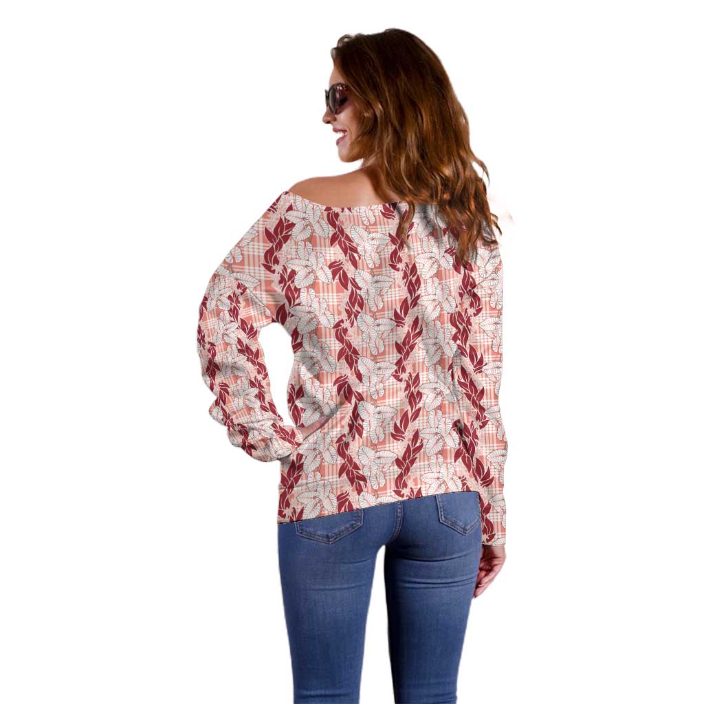 Hawaii Ti Leaf Maile Tuberose Lei Off Shoulder Sweater With Hanalei Leaf Red LT05 - Polynesian Pride