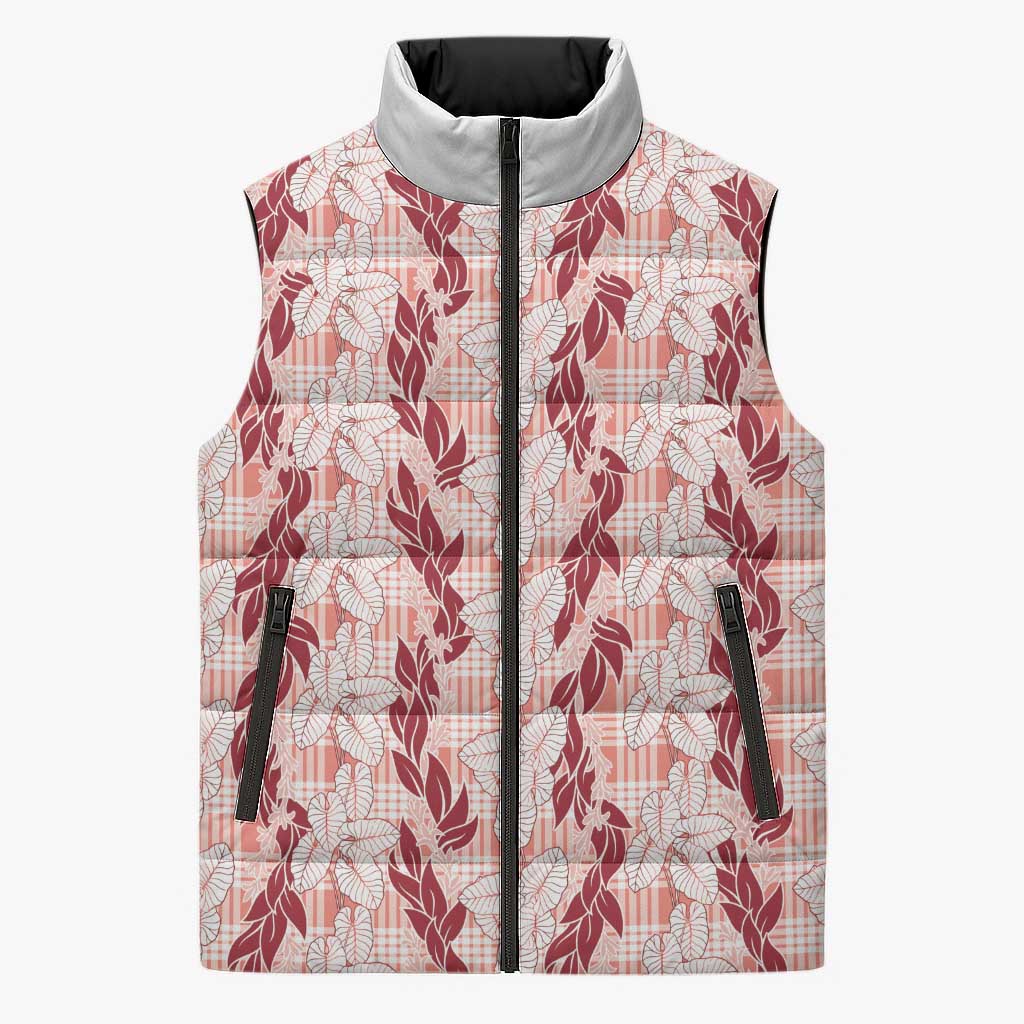 Hawaii Ti Leaf Maile Tuberose Lei Sleeveless Puffer Jacket With Hanalei Leaf Red LT05 Unisex Red - Polynesian Pride