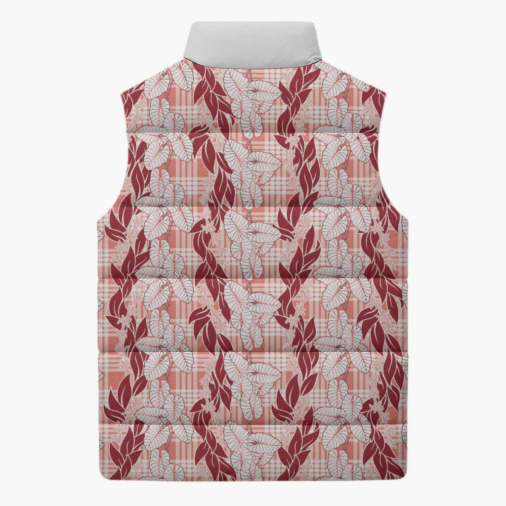 Hawaii Ti Leaf Maile Tuberose Lei Sleeveless Puffer Jacket With Hanalei Leaf Red LT05 - Polynesian Pride
