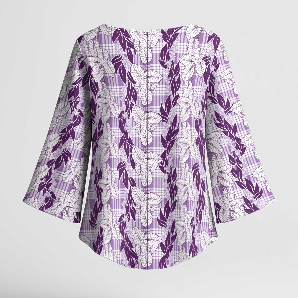 Hawaii Ti Leaf Maile Tuberose Lei Kimono Sleeve Blouse With Hanalei Leaf Purple LT05 - Polynesian Pride