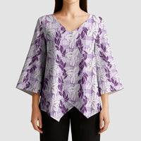 Hawaii Ti Leaf Maile Tuberose Lei Kimono Sleeve Blouse With Hanalei Leaf Purple LT05 - Polynesian Pride