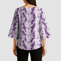 Hawaii Ti Leaf Maile Tuberose Lei Kimono Sleeve Blouse With Hanalei Leaf Purple LT05 - Polynesian Pride
