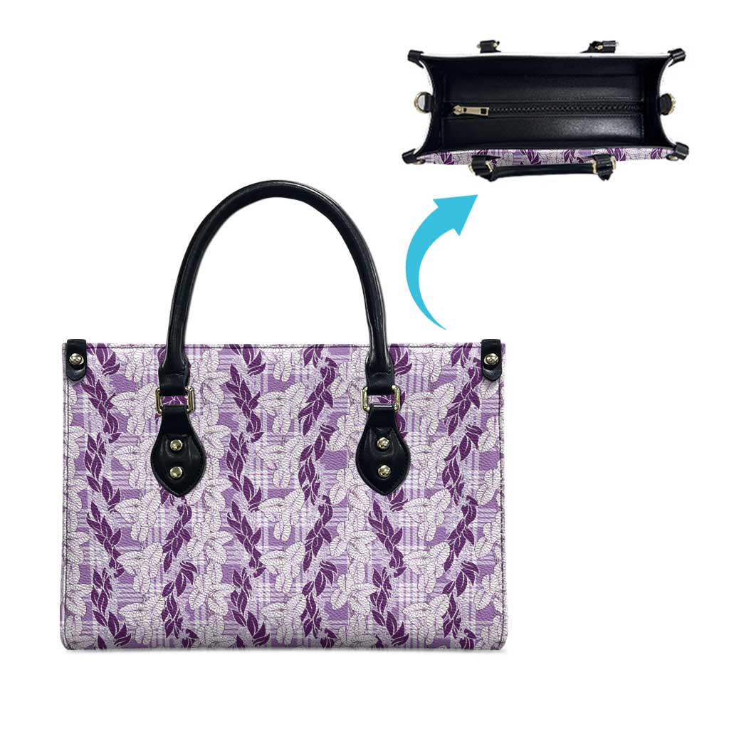Hawaii Ti Leaf Maile Tuberose Lei Leather Bag With Hanalei Leaf Purple LT05 - Polynesian Pride