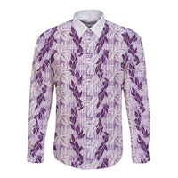 Hawaii Ti Leaf Maile Tuberose Lei Long Sleeve Button Shirt With Hanalei Leaf Purple LT05 Unisex Purple - Polynesian Pride