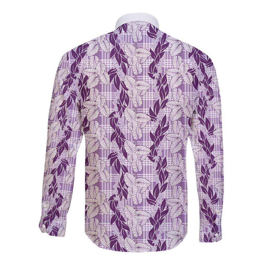 Hawaii Ti Leaf Maile Tuberose Lei Long Sleeve Button Shirt With Hanalei Leaf Purple LT05 - Polynesian Pride