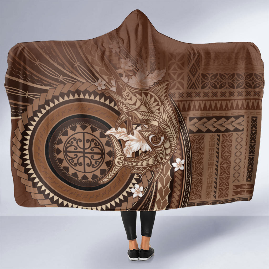 Samoa Tatau Marlin Hooded Blanket With Siapo Motifs Brown LT05 One Size Brown - Polynesian Pride