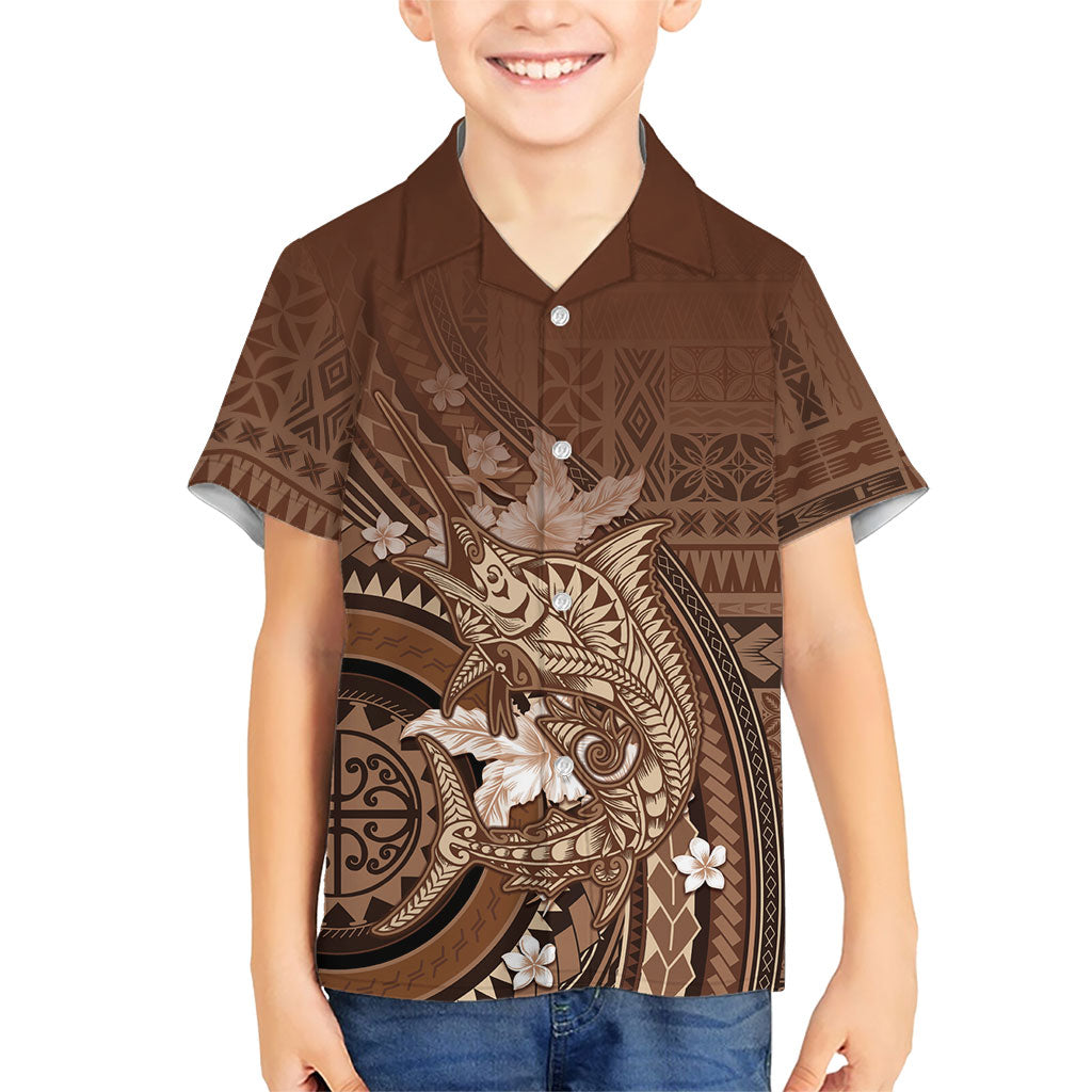 Samoa Tatau Marlin Kid Hawaiian Shirt With Siapo Motifs Brown LT05 Kid Brown - Polynesian Pride