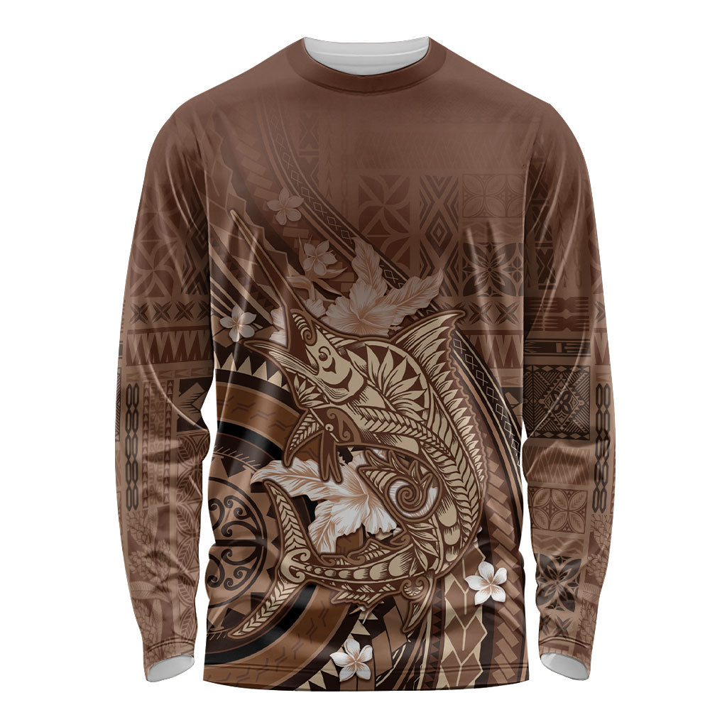 Samoa Tatau Marlin Long Sleeve Shirt With Siapo Motifs Brown LT05 Unisex Brown - Polynesian Pride
