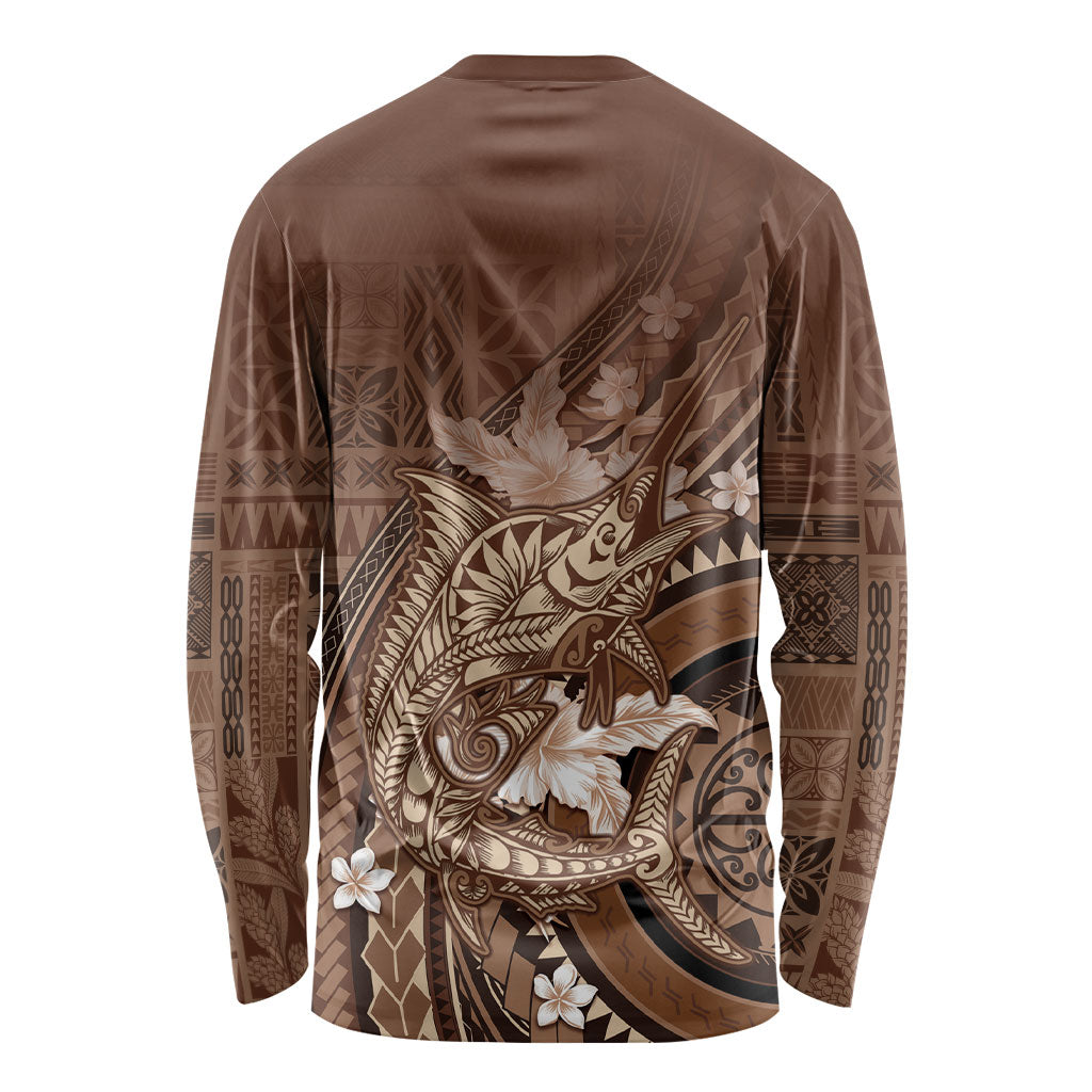 Samoa Tatau Marlin Long Sleeve Shirt With Siapo Motifs Brown LT05 - Polynesian Pride
