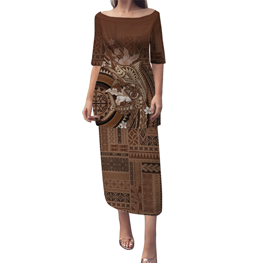 Samoa Tatau Marlin Puletasi With Siapo Motifs Brown LT05 Long Dress Brown - Polynesian Pride