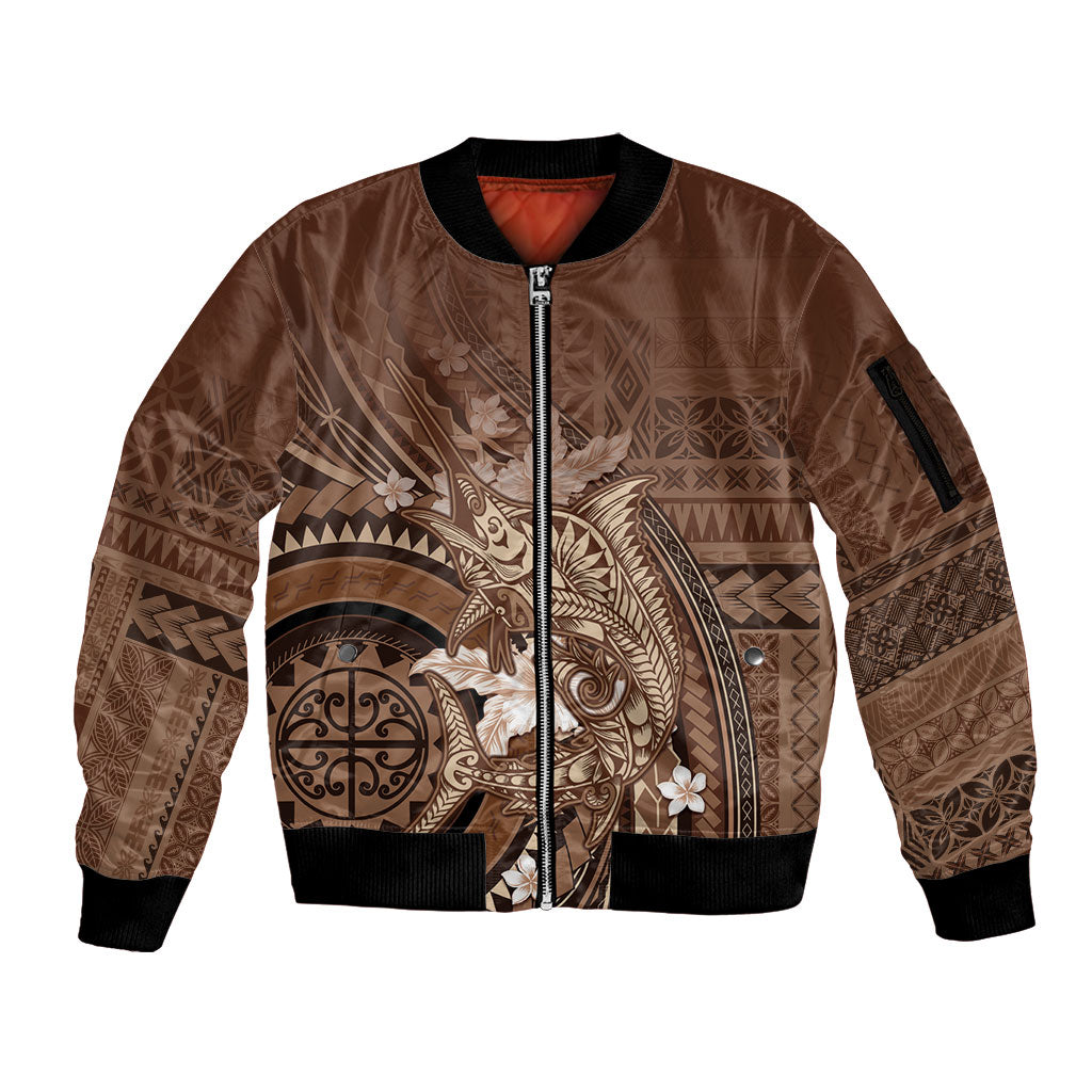 Samoa Tatau Marlin Sleeve Zip Bomber Jacket With Siapo Motifs Brown LT05 Unisex Brown - Polynesian Pride