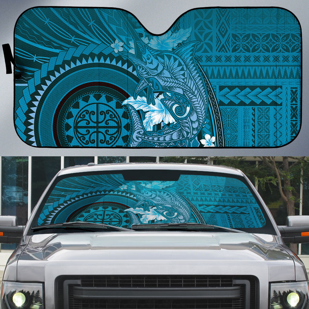 Samoa Tatau Marlin Auto Sun Shade With Siapo Motifs Teal LT05 Teal - Polynesian Pride