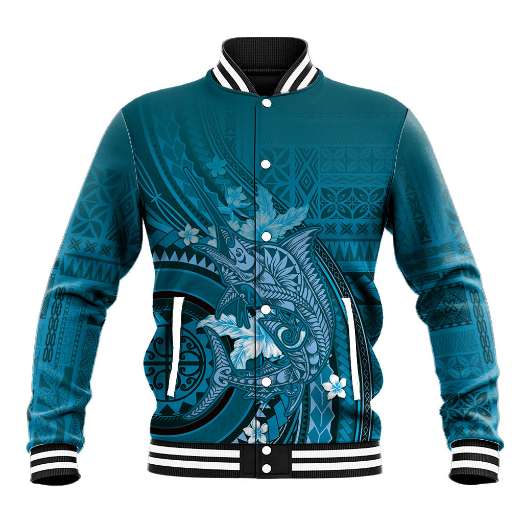 Samoa Tatau Marlin Baseball Jacket With Siapo Motifs Teal LT05 Unisex Teal - Polynesian Pride