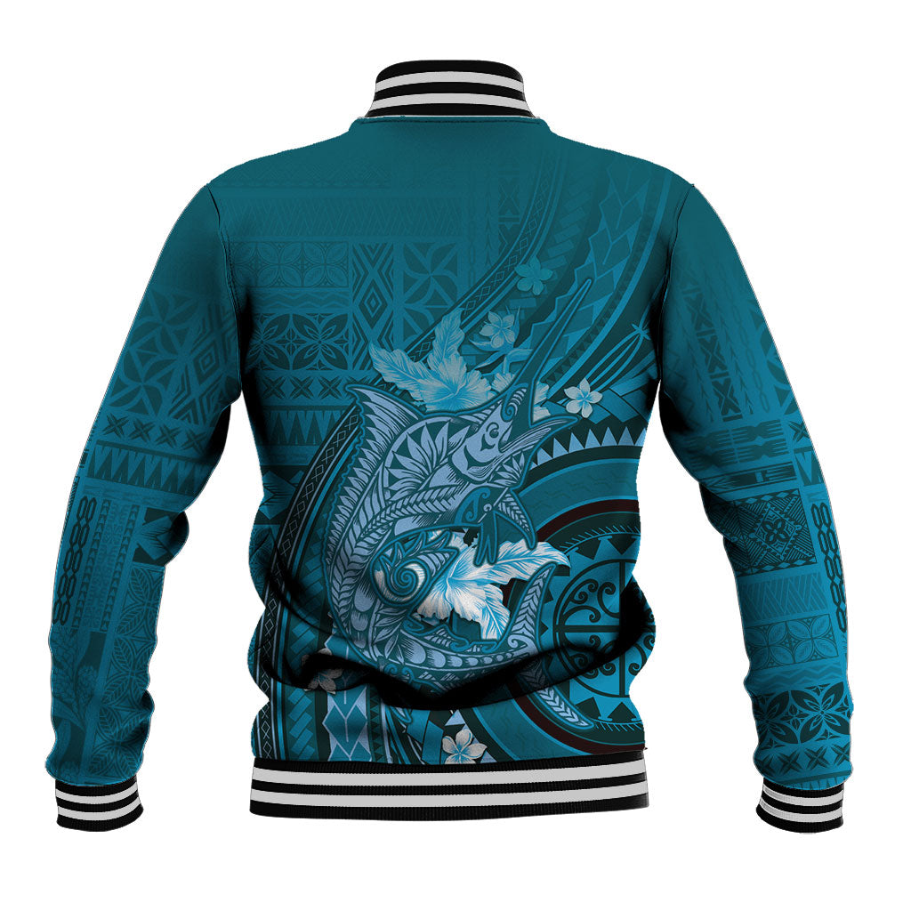 Samoa Tatau Marlin Baseball Jacket With Siapo Motifs Teal LT05 - Polynesian Pride