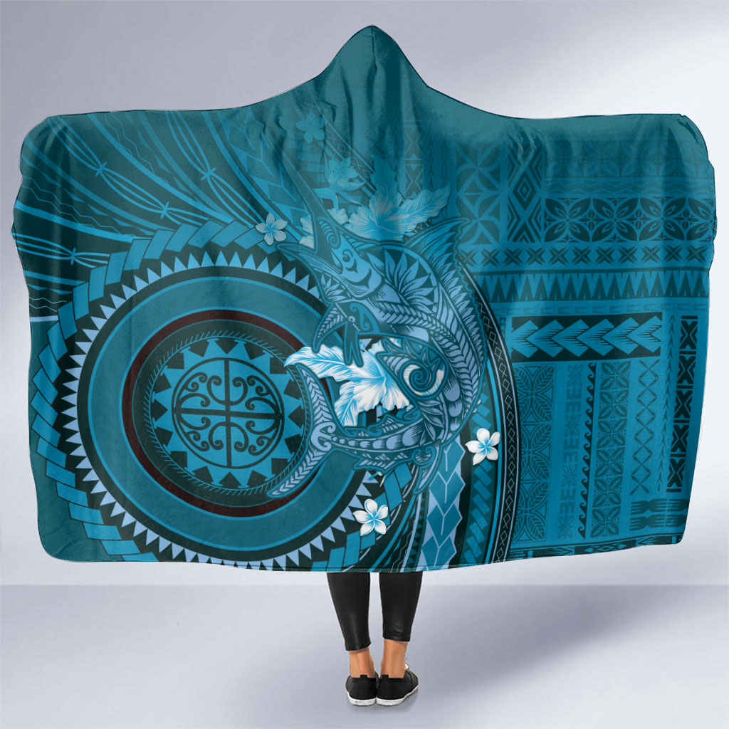 Samoa Tatau Marlin Hooded Blanket With Siapo Motifs Teal LT05 One Size Teal - Polynesian Pride