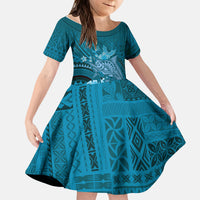 Samoa Tatau Marlin Kid Short Sleeve Dress With Siapo Motifs Teal LT05 KID Teal - Polynesian Pride