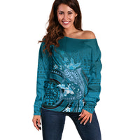 Samoa Tatau Marlin Off Shoulder Sweater With Siapo Motifs Teal LT05 Women Teal - Polynesian Pride