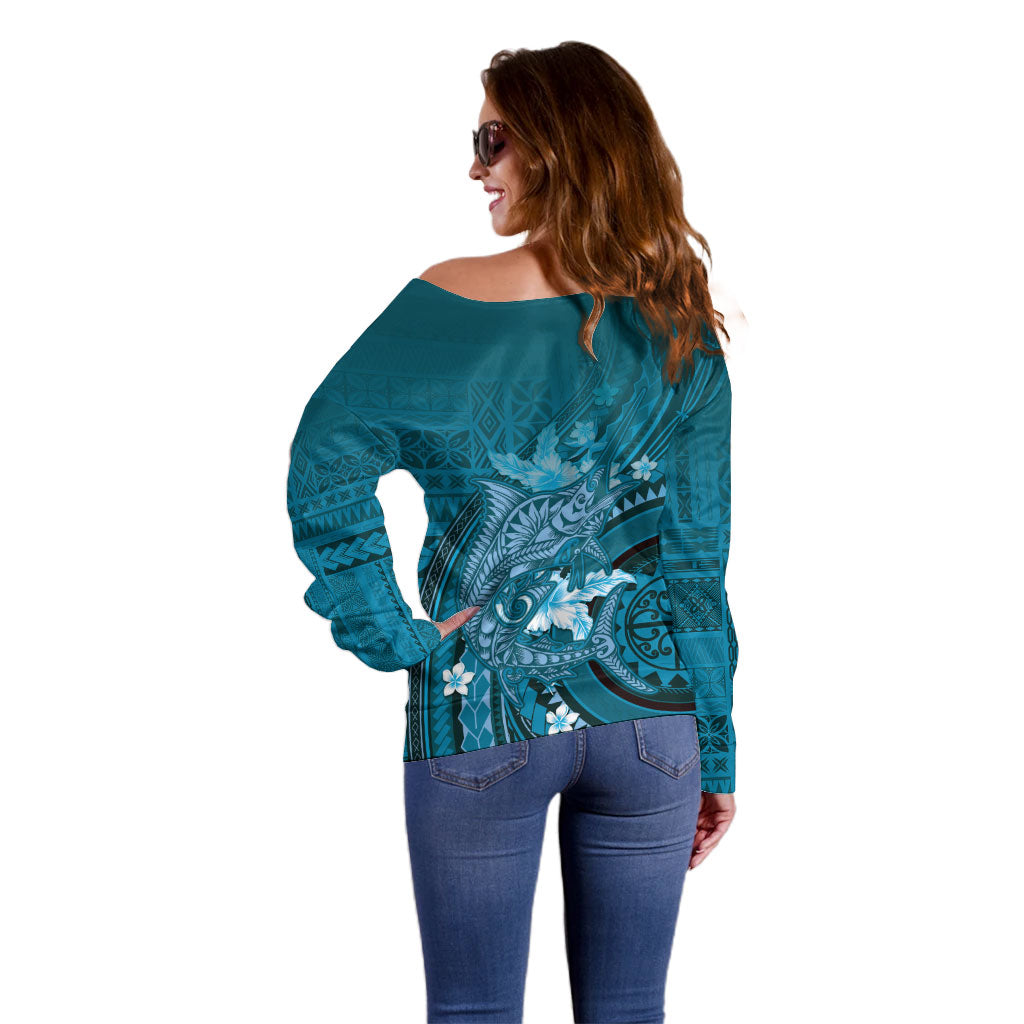 Samoa Tatau Marlin Off Shoulder Sweater With Siapo Motifs Teal LT05 - Polynesian Pride