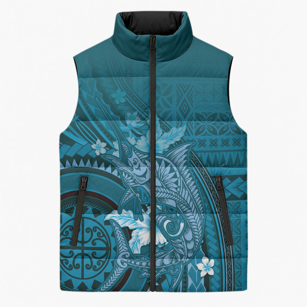 Samoa Tatau Marlin Sleeveless Puffer Jacket With Siapo Motifs Teal LT05 Unisex Teal - Polynesian Pride