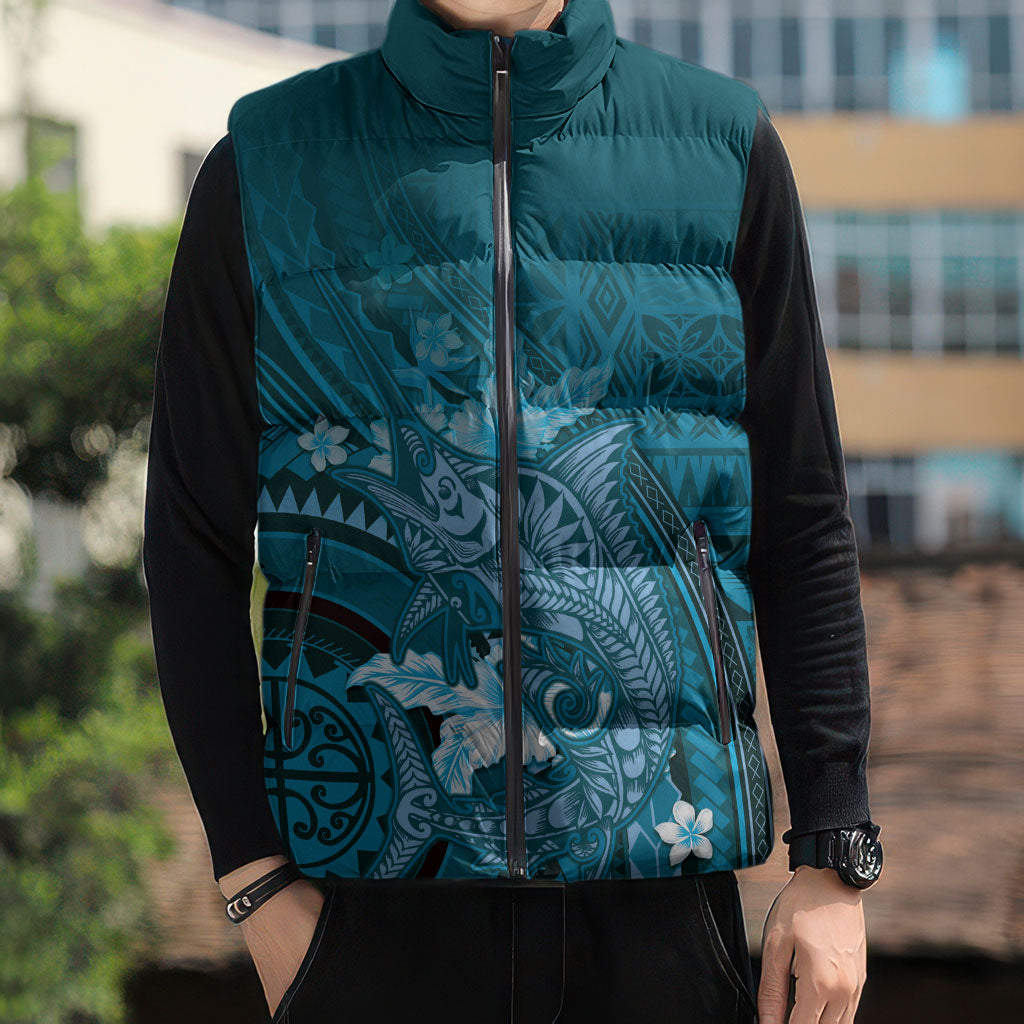 Samoa Tatau Marlin Sleeveless Puffer Jacket With Siapo Motifs Teal LT05 - Polynesian Pride