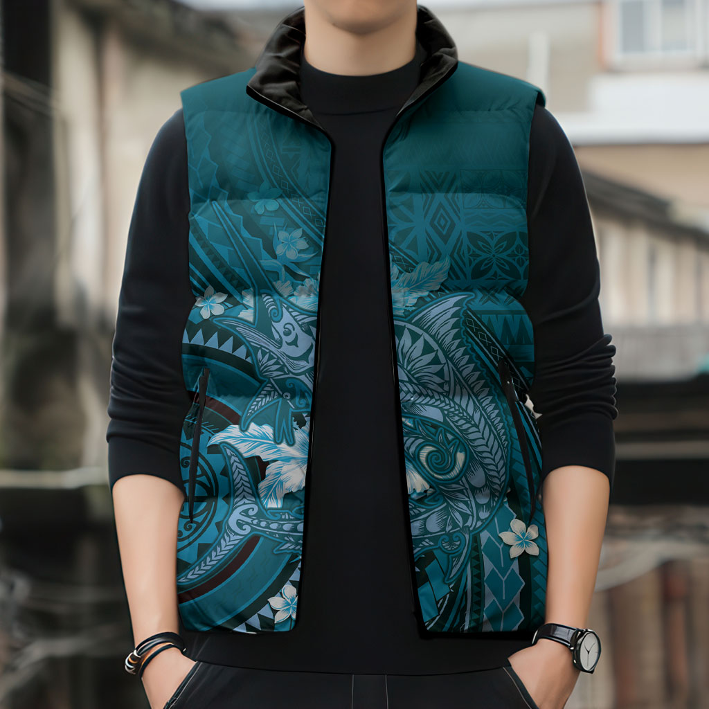 Samoa Tatau Marlin Sleeveless Puffer Jacket With Siapo Motifs Teal LT05 - Polynesian Pride