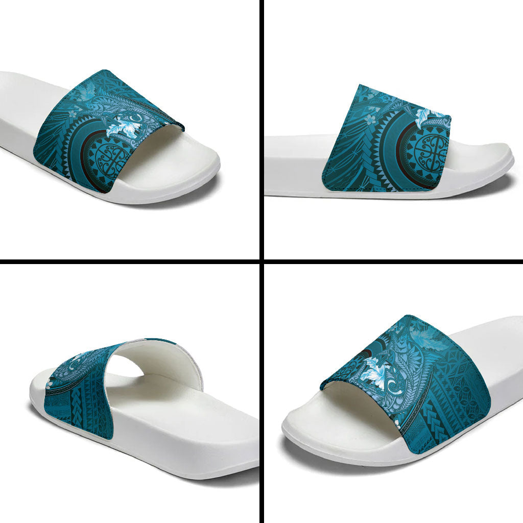 Samoa Tatau Marlin Slide Sandals With Siapo Motifs Teal LT05 - Polynesian Pride