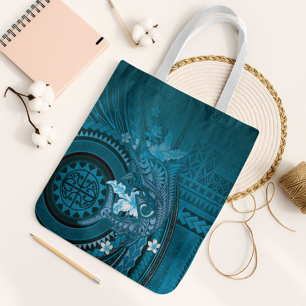 Samoa Tatau Marlin Tote Bag With Siapo Motifs Teal LT05 White Strap One Size Teal - Polynesian Pride