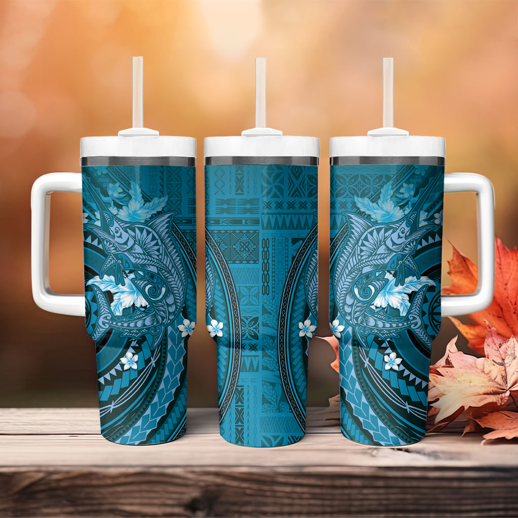 Samoa Tatau Marlin Tumbler With Handle With Siapo Motifs Teal LT05 - Polynesian Pride
