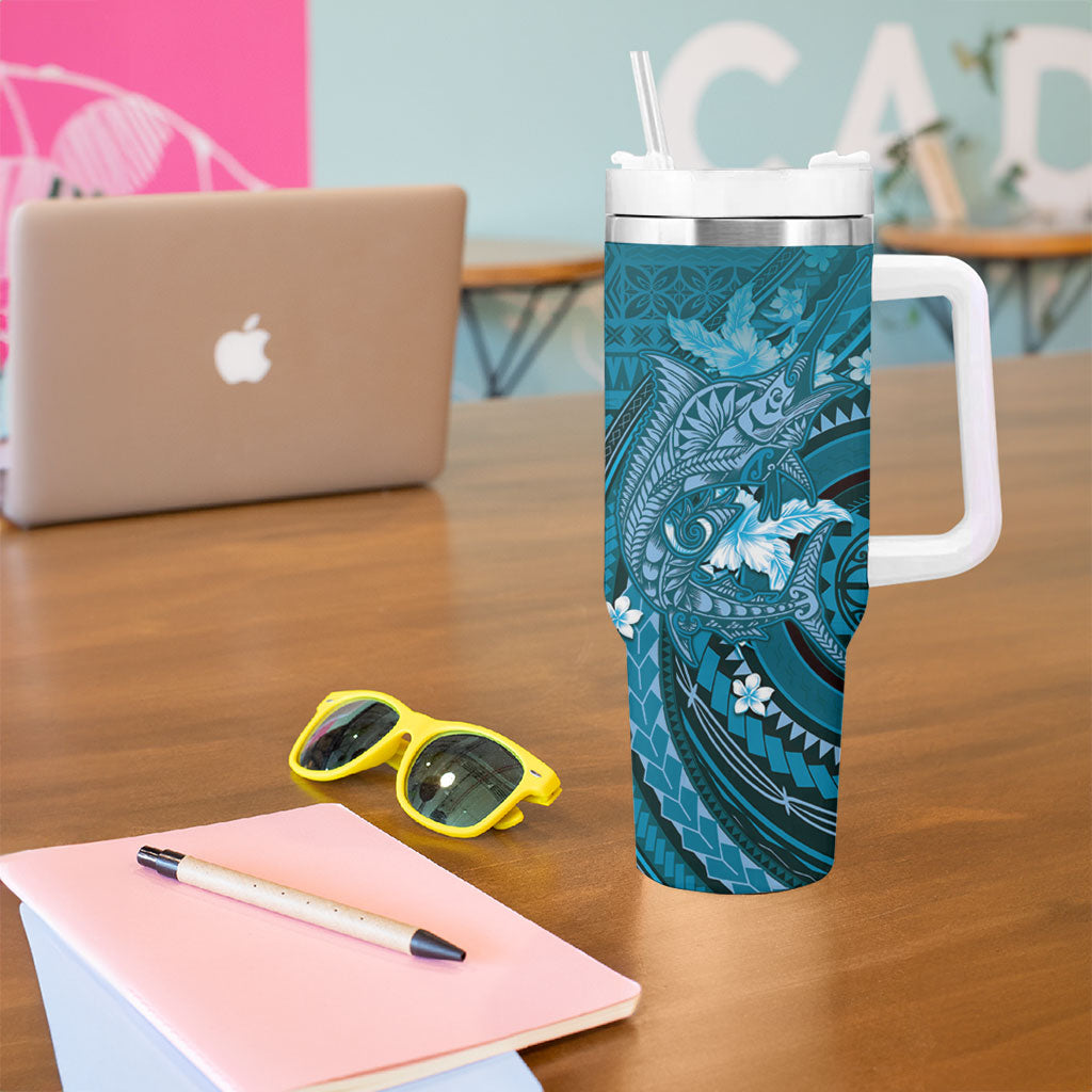 Samoa Tatau Marlin Tumbler With Handle With Siapo Motifs Teal LT05 - Polynesian Pride