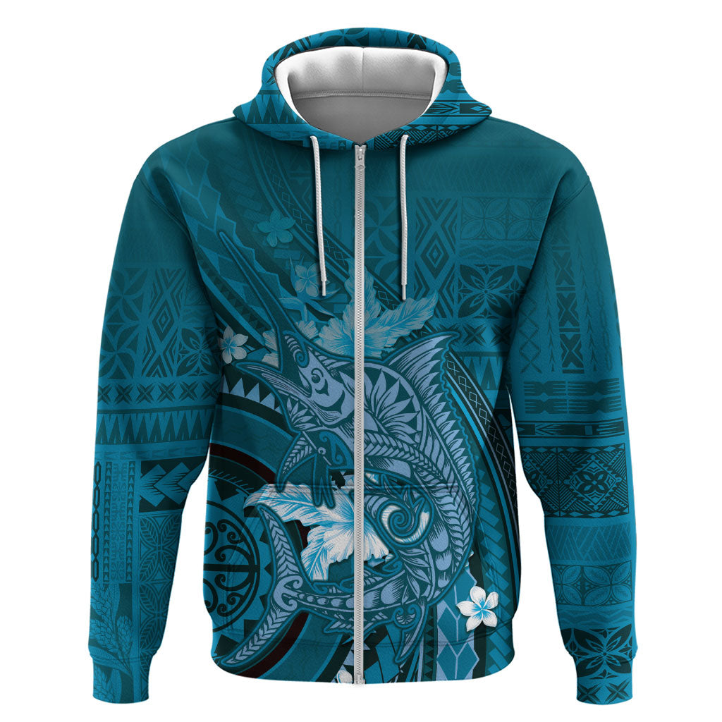 Samoa Tatau Marlin Zip Hoodie With Siapo Motifs Teal LT05 Zip Hoodie Teal - Polynesian Pride