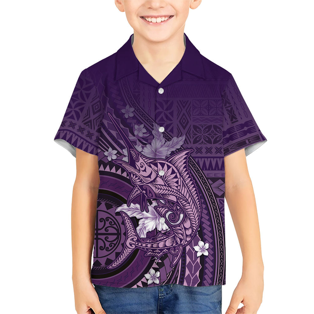 Samoa Tatau Marlin Kid Hawaiian Shirt With Siapo Motifs Violet LT05 Kid Violet - Polynesian Pride