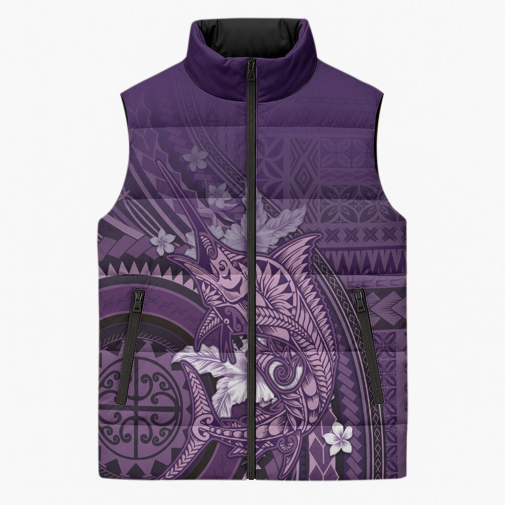 Samoa Tatau Marlin Sleeveless Puffer Jacket With Siapo Motifs Violet LT05 Unisex Violet - Polynesian Pride