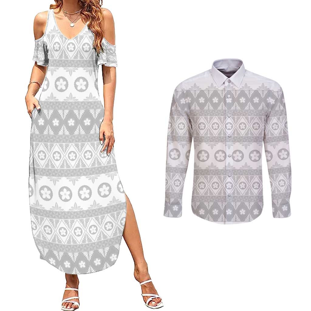 Tonga White Sunday Couples Matching Summer Maxi Dress and Long Sleeve Button Shirt Tongan Ngatu Siale Pattern LT05 White - Polynesian Pride
