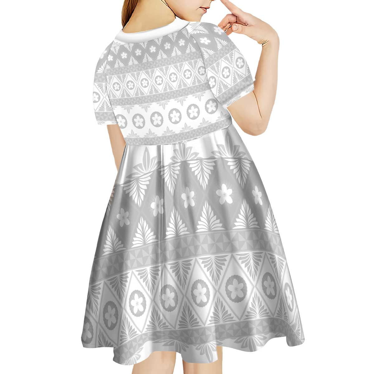 Tonga White Sunday Kid Short Sleeve Dress Tongan Ngatu Siale Pattern LT05 - Polynesian Pride