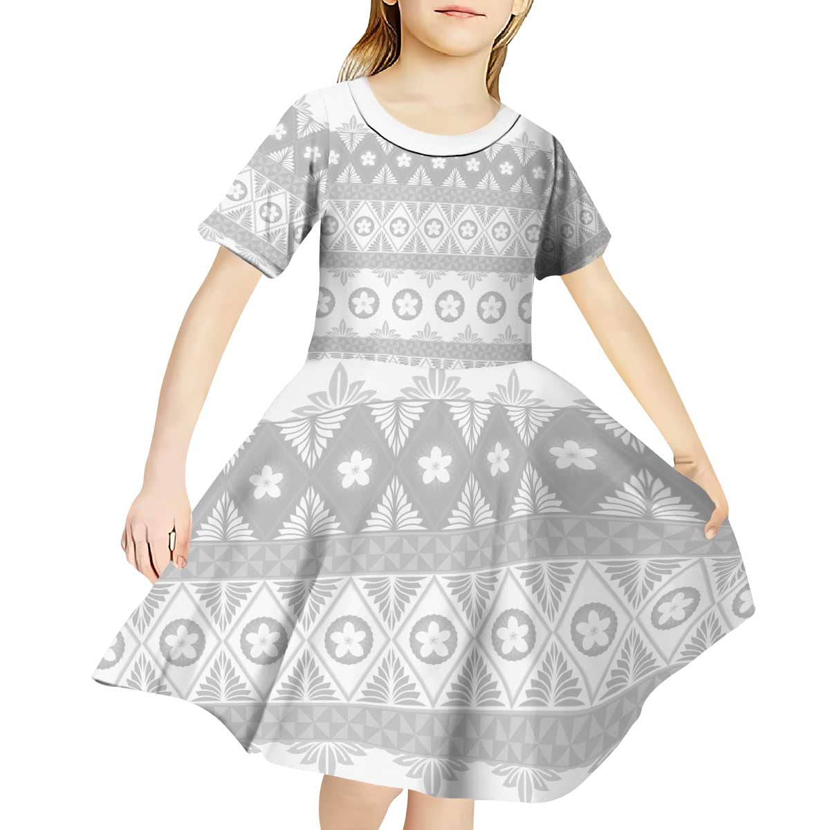 Tonga White Sunday Kid Short Sleeve Dress Tongan Ngatu Siale Pattern LT05 - Polynesian Pride