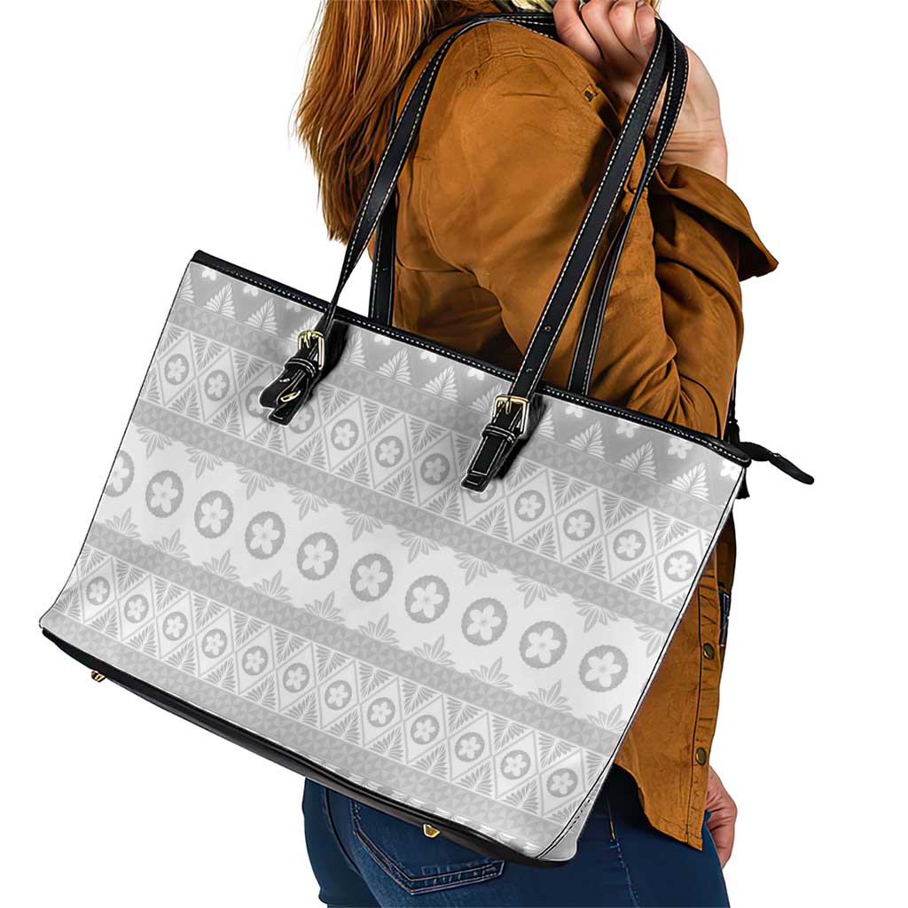 Tonga White Sunday Leather Tote Bag Tongan Ngatu Siale Pattern LT05 - Polynesian Pride