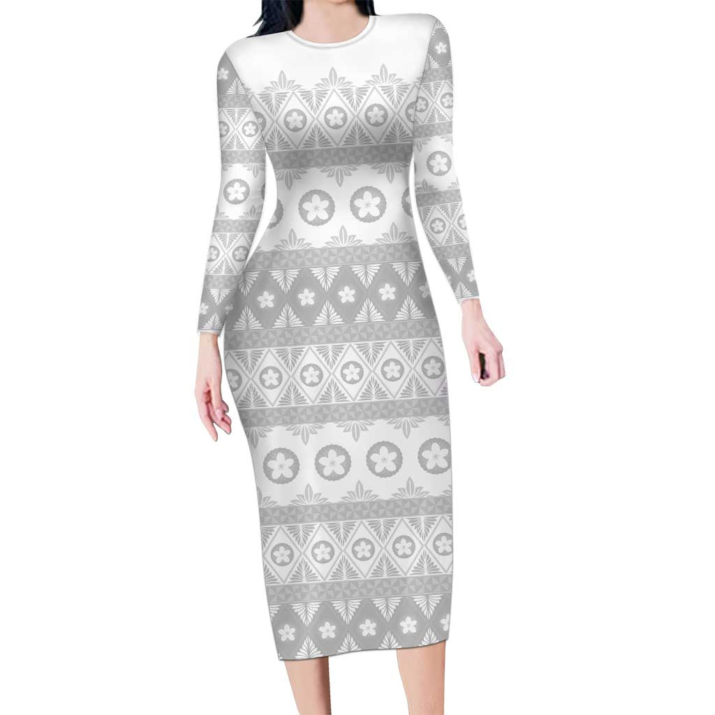 Tonga White Sunday Long Sleeve Bodycon Dress Tongan Ngatu Siale Pattern LT05 Long Dress White - Polynesian Pride