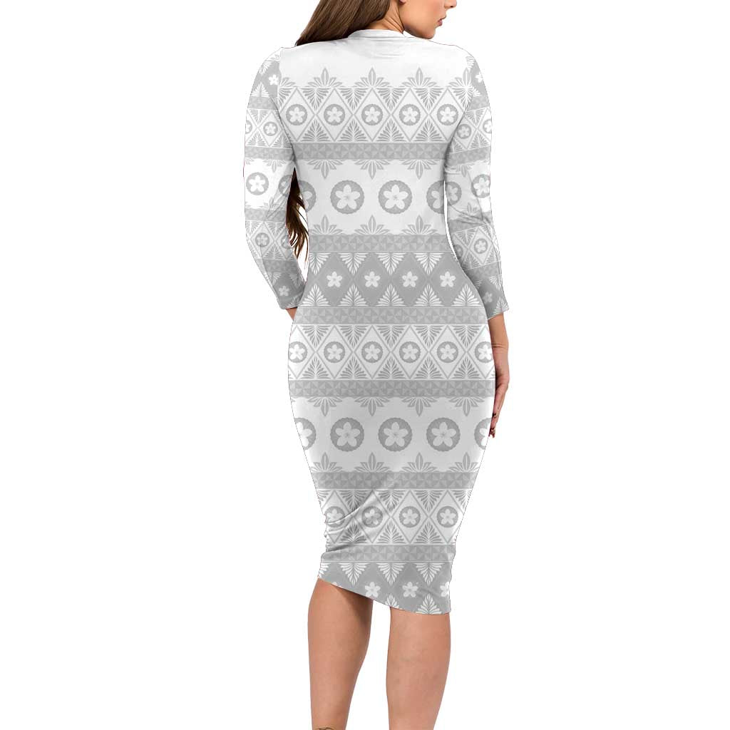 Tonga White Sunday Long Sleeve Bodycon Dress Tongan Ngatu Siale Pattern LT05 - Polynesian Pride