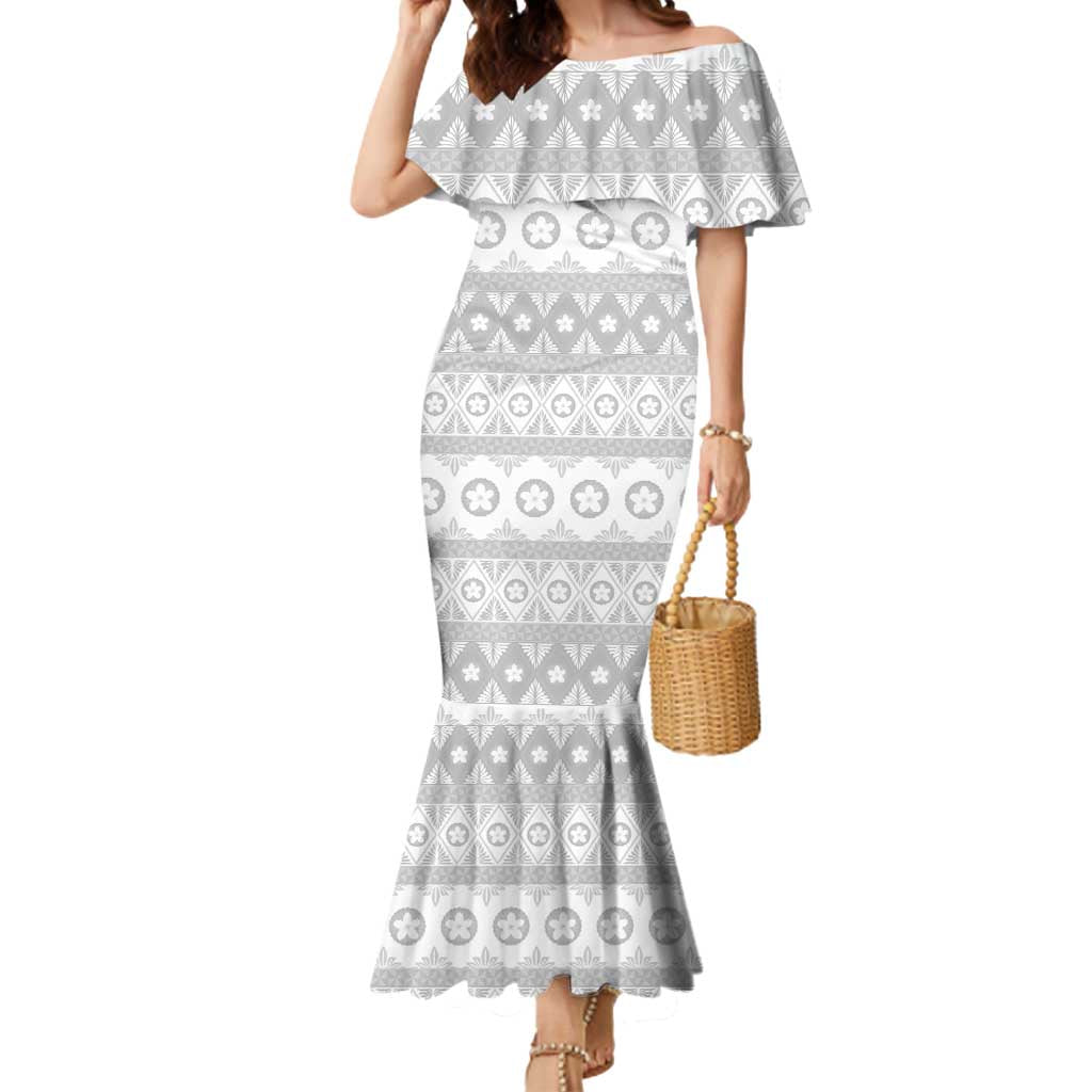Tonga White Sunday Mermaid Dress Tongan Ngatu Siale Pattern LT05 Women White - Polynesian Pride