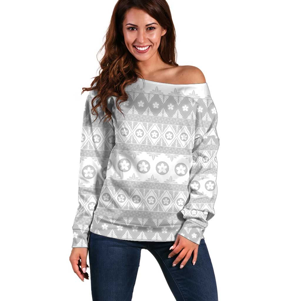 Tonga White Sunday Off Shoulder Sweater Tongan Ngatu Siale Pattern LT05 Women White - Polynesian Pride