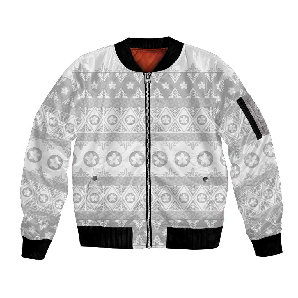 Tonga White Sunday Sleeve Zip Bomber Jacket Tongan Ngatu Siale Pattern LT05 Unisex White - Polynesian Pride