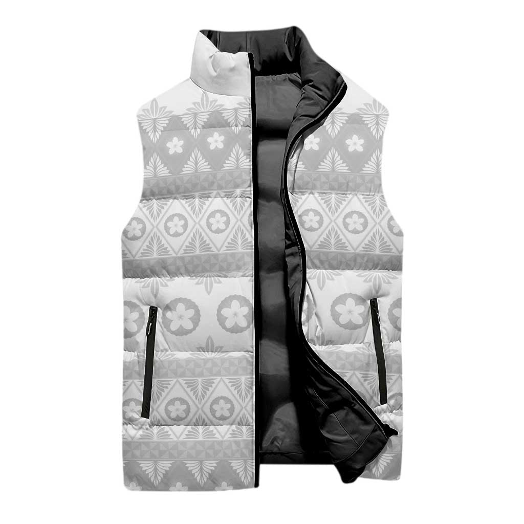 Tonga White Sunday Sleeveless Puffer Jacket Tongan Ngatu Siale Pattern LT05 - Polynesian Pride
