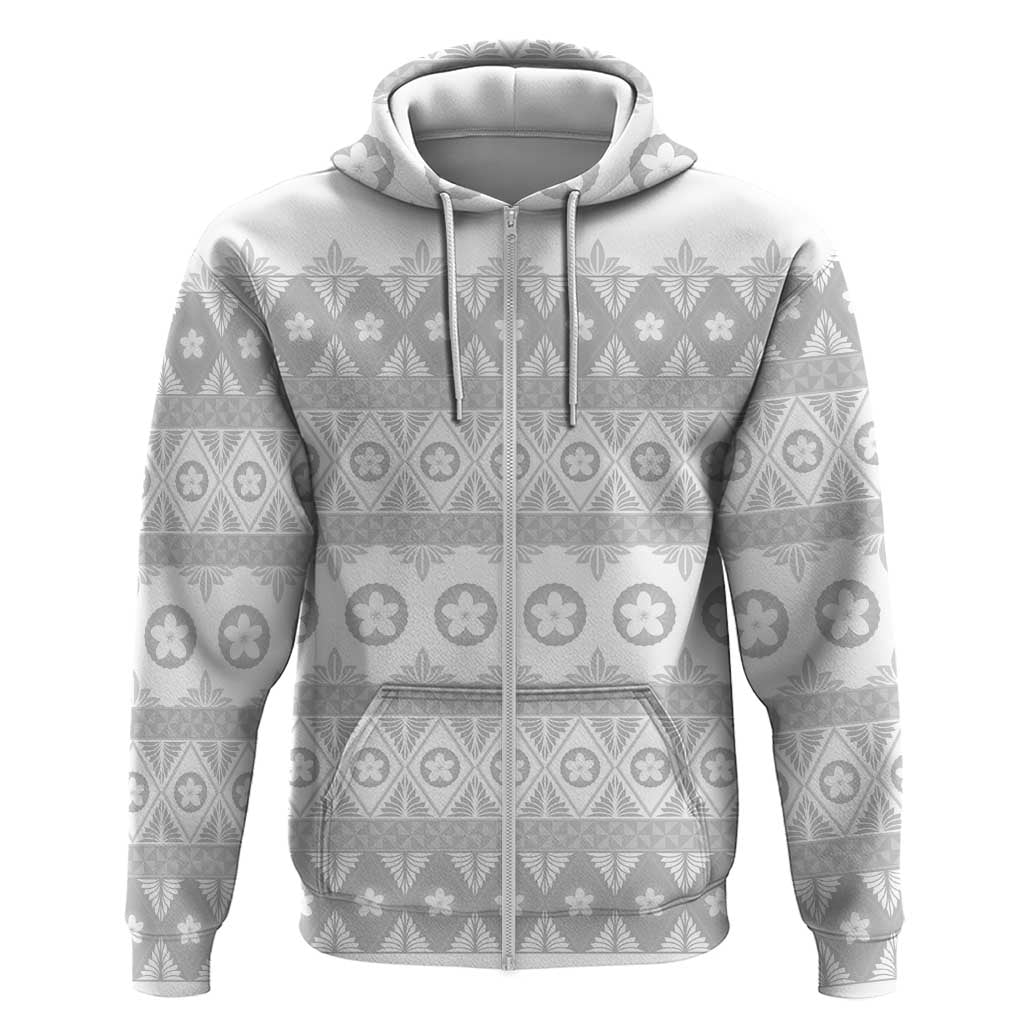 Tonga White Sunday Zip Hoodie Tongan Ngatu Siale Pattern LT05 Zip Hoodie White - Polynesian Pride