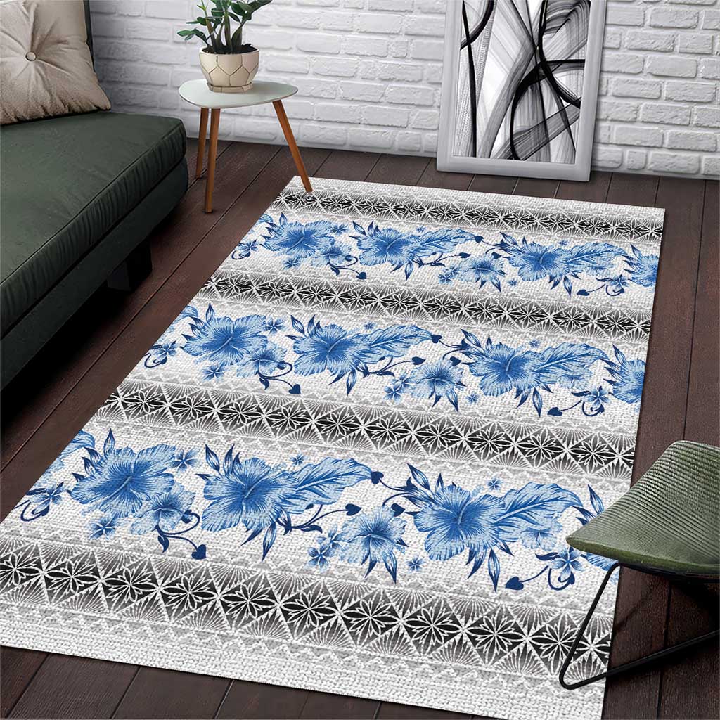 Samoa White Sunday Area Rug Samoan Tapa Blue Hibiscus LT05 Blue - Polynesian Pride